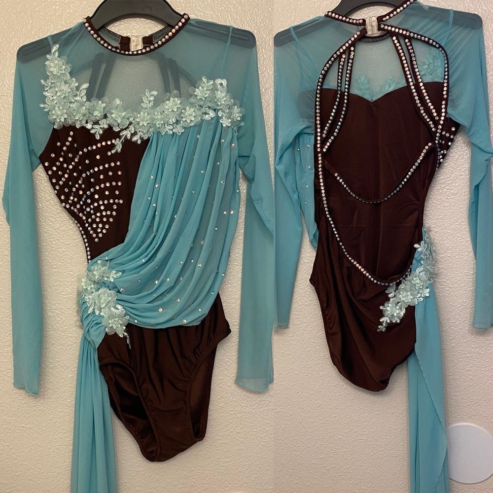Glamour solo dance costume stoned brown aqua blue lyrical dress MA-Medium adult
